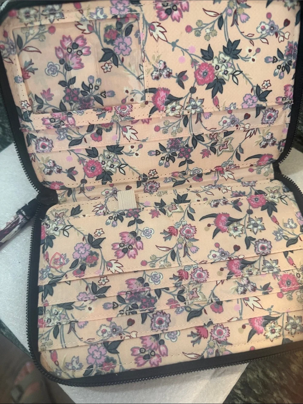 Vera Bradley Black Floral Quilted Wristlet with Pink and Cream Accents